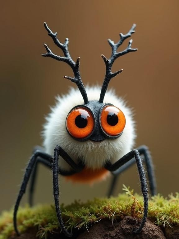 A highly stylized fantasy insectoid creature. Fuzzy round body with a bulbous head. Thin, angular legs resembling a mix between a moth and a spider. Large branch-like antennae split into prongs. Gigantic glowing orange eyes with black pupils. Dense white fur around the head. Charcoal gray legs and antennae. Perched on mossy ground with a blurred brown background. Appears adorable and eerie with exaggerated proportions.