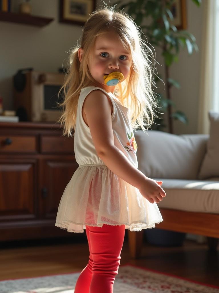 A girl stands at a party. She wears bright red leggings. She looks back at the camera. Her expression shows joy. The atmosphere is cozy. The room has a couch and wooden furniture.