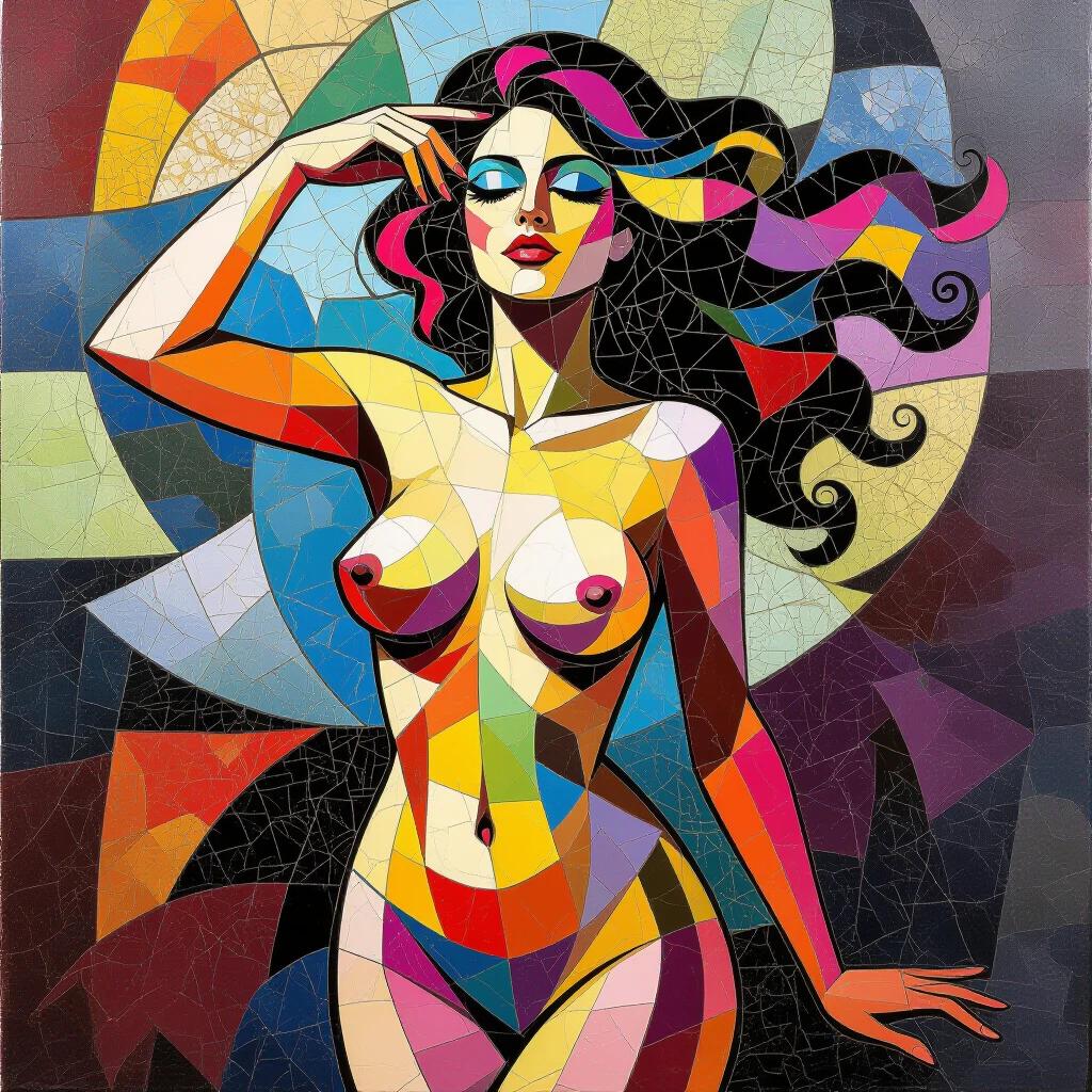 Surreal chaotic vibrant nude model in mosaic style. Blend of fantasy and expressionism techniques. Influence of Milo Manara.