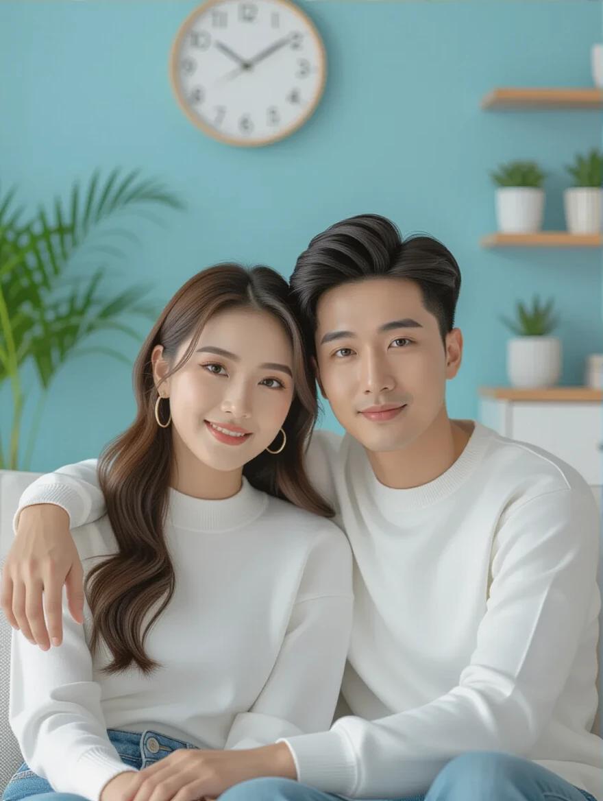 Young Indonesian couple sitting on a sofa. Women has natural makeup and wears modern Korean fashion. Background is a blue room with plants. Room has a decorative clock and a modern style. Emphasis on their stylish appearance and relaxed demeanor.