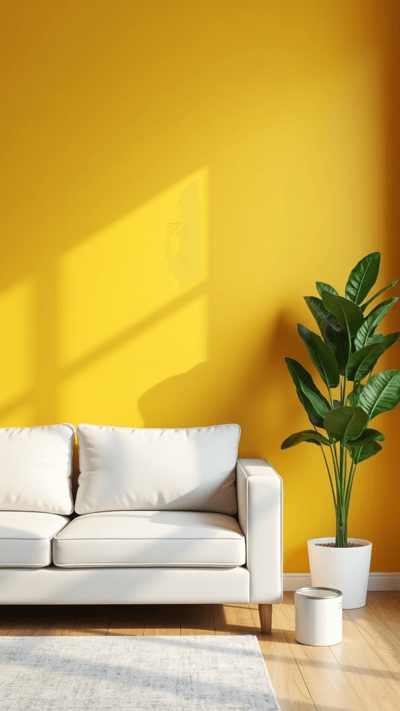 A bright living room features a white sofa against a vibrant yellow wall, with a leafy plant in a white pot and sunlight casting warm shadows.