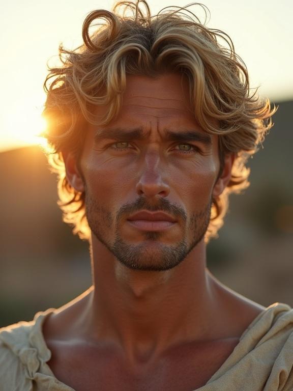 Image of a man resembling a Roman emperor with mid-length curly blonde hair. He has a smooth jawline and a shaven face with tanned skin, highlighted by the natural light of sunrise. The scene showcases chiseled features similar to neoclassical art while being outdoors in a Roman landscape. His gray-green eyes and muscular torso are visible against the backdrop, creating a striking portrait that captures both strength and elegance.