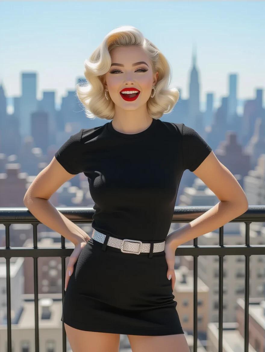 A woman with retro platinum curls wears a tight black t-shirt and short skirt. She stands on a balcony with a city skyline behind her. One hand is on her side while she smiles playfully. The photo is taken from just above her knees, illuminated by strong front light.
