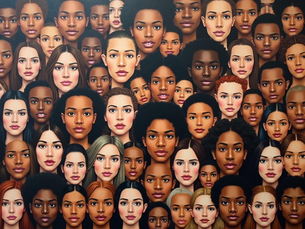 The image features a collage of diverse faces, showcasing a rich variety of races, ethnicities, and shapes. Each face is uniquely distinct, contributing to a vibrant tapestry of humanity. The expressions range from joyful to contemplative, creating an emotional connection. The colors of the skin tones vary widely, reflecting a spectrum of identities. This composition emphasizes the beauty found in diversity and promotes inclusion.