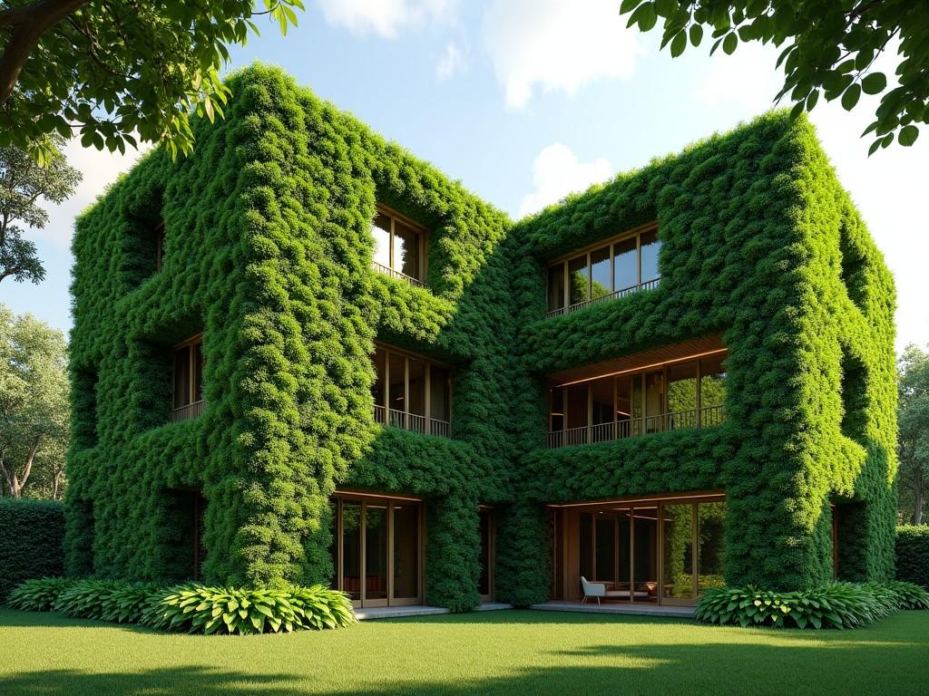 The image shows a building on the left with walls covered in lush, leafy greenery, creating a vertical garden. On the right, there is another rectangular section which should also be covered in the same kind of greenery to blend seamlessly. The building is situated in a garden area with several tall trees casting shade. The sky is partly cloudy, contributing to a serene and eco-friendly atmosphere. Overall, the scene conveys a harmonious integration of architecture and nature.