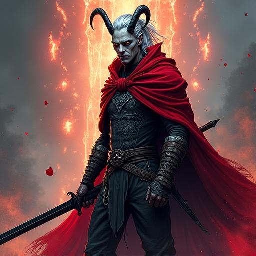 Dramatic comic book portrait of a tall tiefling with ash-gray skin and amber eyes. Long silver hair tied back, curved horns, thin scars. Wears a chainmail shirt, red cloak, black longsword. Bold colors, thick outlines, dynamic background with blood splashes and neon effects.