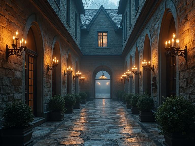 Sprawling halls at twilight. Timeworn stone walls draped in shadows. Long corridors illuminated by flickering candelabras. Dense fog swirls outside. Wrought-iron gates and gnarled trees. Echo of dripping water and creaking floorboards.