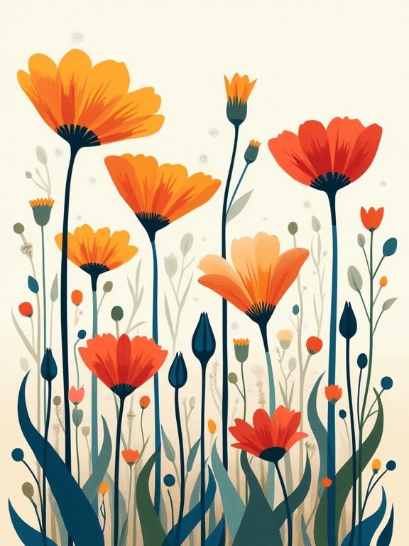 Abstract design featuring stylized wildflowers. Focus on vibrant colors和 varied flower shapes. Background is light and soft to enhance flower details.