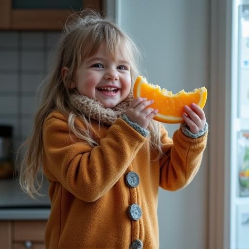 A cold girl smiles happily while holding a piece of cantaloupe taken from the fridge. She shows a victorious expression.