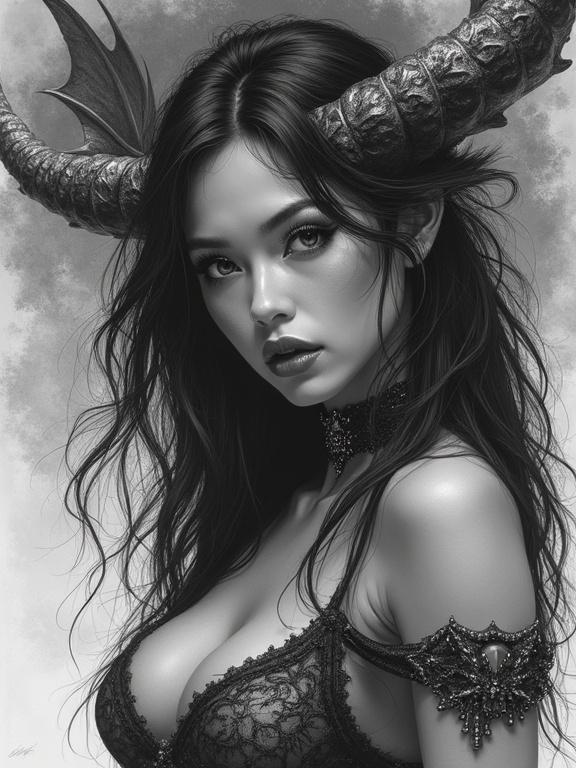 Drawing featuring a beautiful girl with dark fantasy elements. She has horns and an ornate outfit. The atmosphere is mystical and captivating with high contrast. The style is inspired by various fantasy artists. Suitable for book covers and gaming art.
