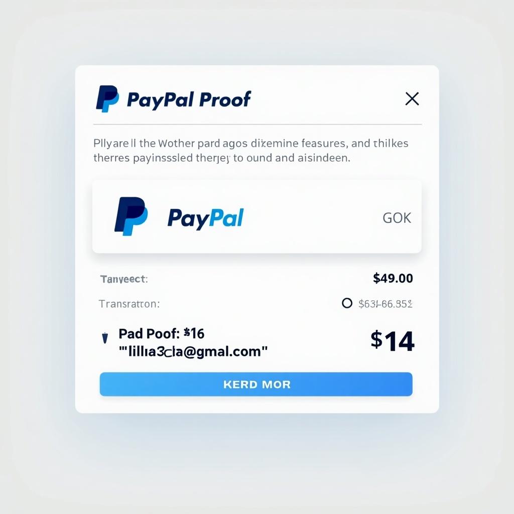 Illustration of a PayPal payment proof for a transaction of $14. Payment made to Lillian3dsx@gmail.com. Features PayPal logo and transaction details.