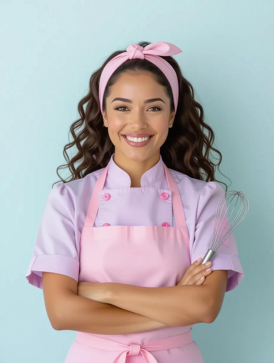 Portrait of a pastry chef in her 40s against a pastel background. She has dark skin and long curly hair tied with a pink headband. She wears a lilac chef's blouse with pink buttons and a pink apron. She confidently holds a whisk with her arms crossed. The composition is clean and centered with natural studio lighting.