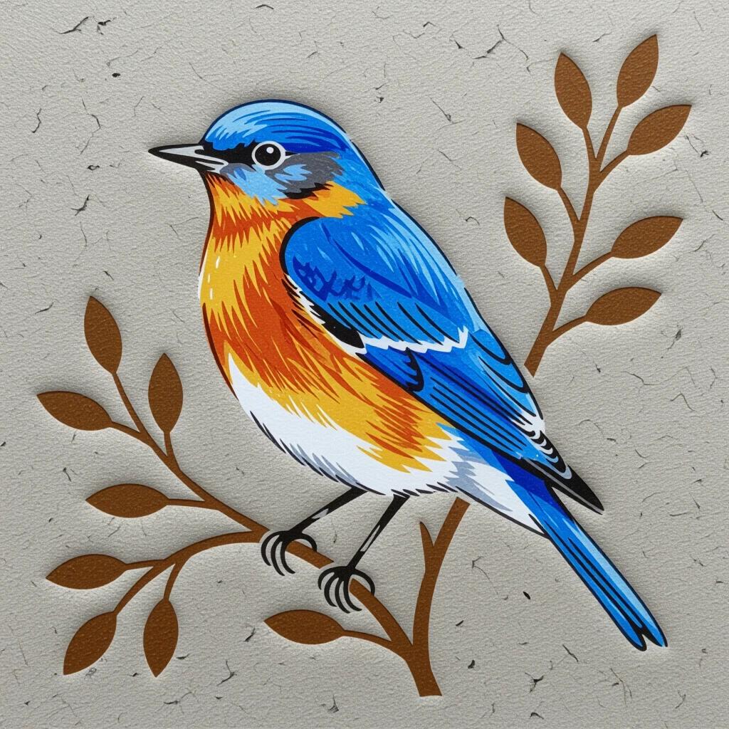 A bluebird stencil design showing vibrant colors. The bluebird has a bright blue head with an orange breast. Two simple branches with leaves are depicted behind the bird. The background is a textured light color to enhance the bird's features.