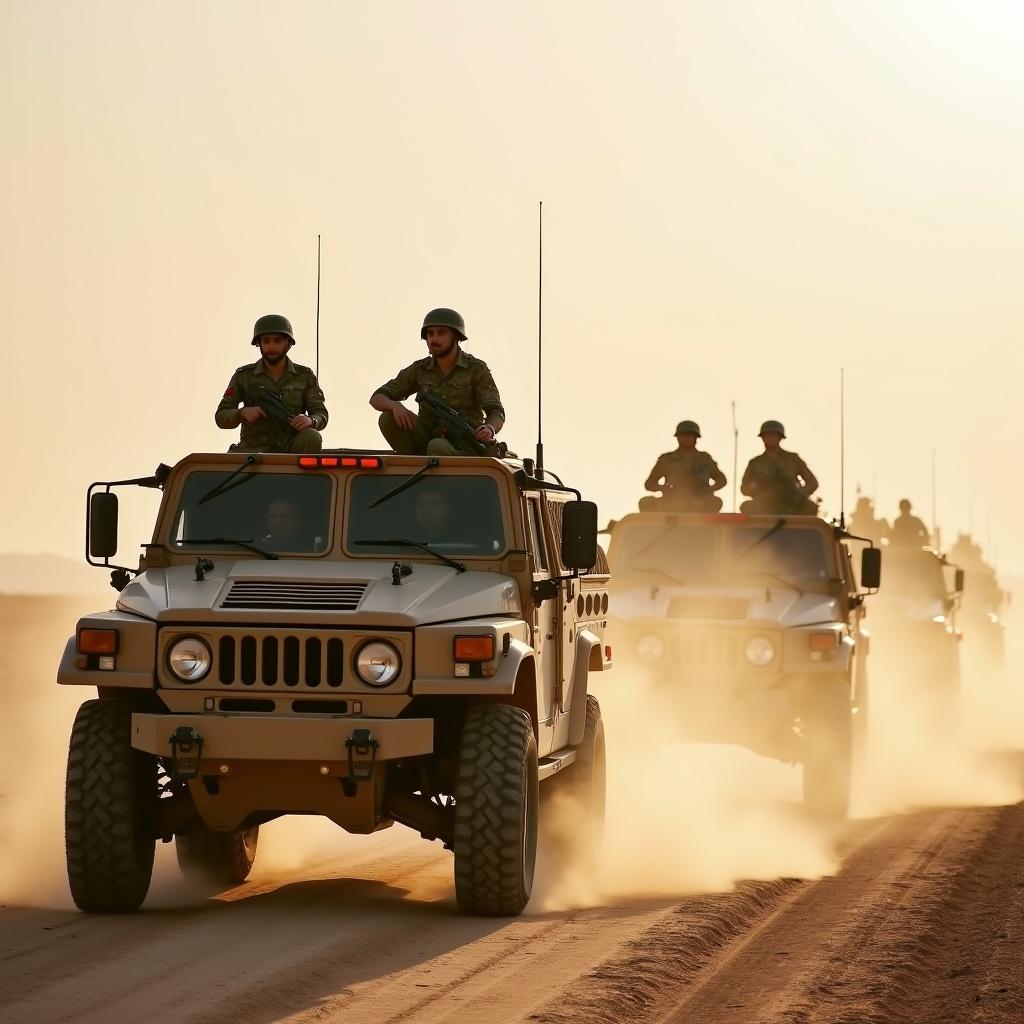 The image showcases a convoy of armored military vehicles moving through a dusty desert terrain. Soldiers are strategically positioned on the vehicles, ready for action. Bright sunlight emphasizes the scene, creating a stark contrast with the dusty backdrop. The convoy represents the Pakistan army in a tactical formation, demonstrating readiness and strength. Dust trails behind the vehicles enhance the sense of movement and urgency in this military operation.