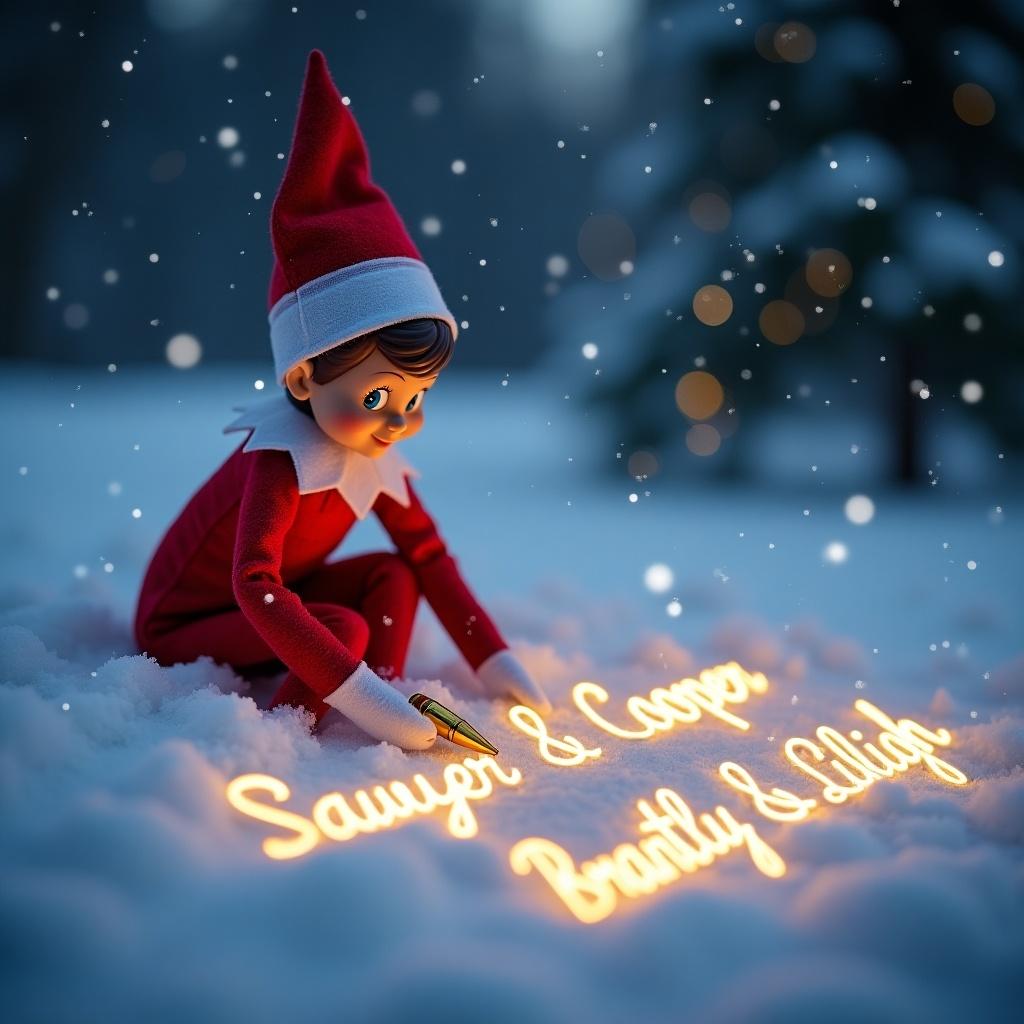 In a magical winter setting, an Elf on the Shelf writes names in the snow. The elf has a bright red outfit and a white hat. Using a golden pen to create glowing cursive letters. Soft snowflakes fall around. The scene is softly lit.