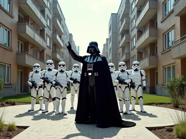 Photograph of Darth Vader standing in center of Russian apartment complex courtyard. Right arm raised pointing forward. Ten Imperial Stormtroopers arranged in semicircle behind him. Background features Soviet-era apartment blocks with geometric patterns. Courtyard has green spaces and traditional Russian flora. High-end camera equipment used in natural daylight. Subtle HDR enhances details in black suit and white armor. Sharp focus and high detail.