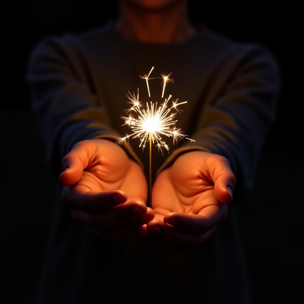 A person is gently holding a lit sparkler in their hands. The sparkler emits a warm, bright glow that contrasts beautifully with the dark background. Their hands are open and carefully cradling the sparkler, emphasizing a sense of wonder and care. The image captures the excitement of celebrations and special occasions. This photograph is full of emotion and warmth, making it perfect for festive themes.