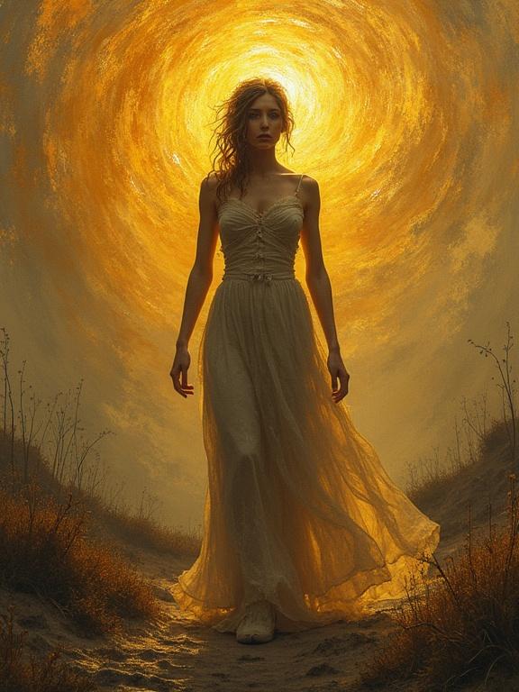 A stunning portrait captures a figure standing in a swirling landscape. Expression is one of deep disappointment and astonishment. Warm amber and gold hues blend with contrasts, creating an ethereal glow. Background features abstract patterns that shift and enhance the surreal atmosphere.