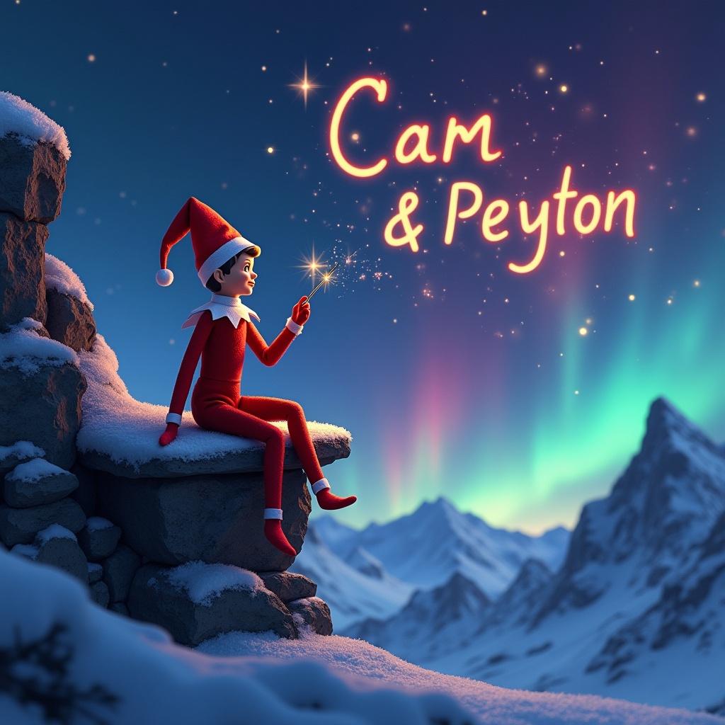 Traditional red elf on the shelf sits in snowy mountains. The elf is using a magic wand to write the names Cam and Peyton that glow brightly among the stars. Northern lights shine in red cerulean and purple hues on the horizon.