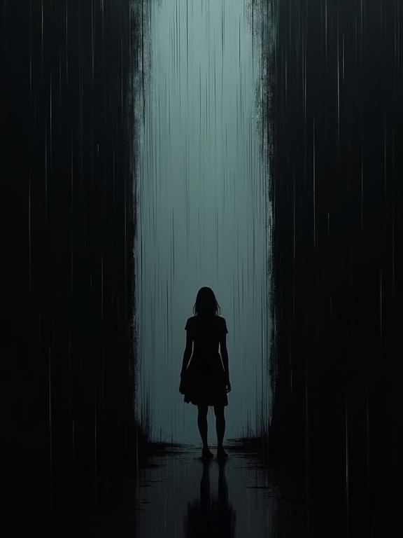 Digital oil painting depicts a silhouette of a woman standing in the rain. Harsh brush strokes create a black background. Strong negative space enhances the abstract mood. Rough edges contribute to the incomplete illustration style. This artwork is inspired by Sin City aesthetic and features a top-down perspective resembling a drone view.
