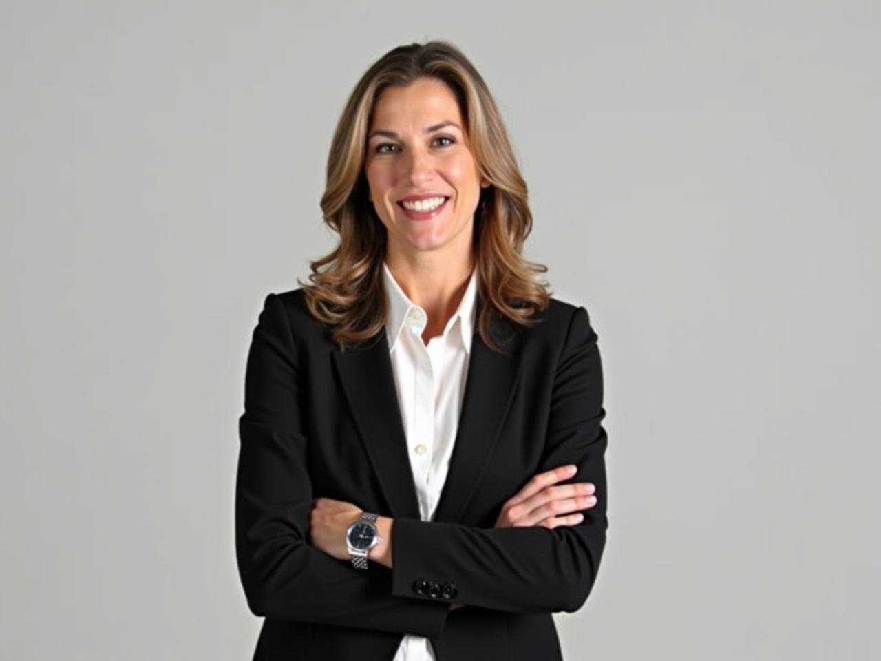 The image shows a woman dressed in formal business attire. She wears a black blazer over a white blouse, and her arms are crossed confidently. Her hair is styled in soft waves, contributing to a professional appearance. The background appears neutral, emphasizing her figure and attire. She is not smiling, and her expression seems serious or contemplative. There are some accessories, including a watch, that complement her outfit.