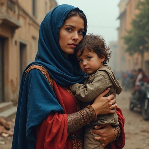 Realistic portrait of a young Middle Eastern mother holding her child. Urban backdrop depicts devastation. Cinematic atmosphere. Traditional clothing in blue and red. Intense and peaceful expressions. Natural light highlights details of hands and proportions. Balanced composition. Editorial photography quality.