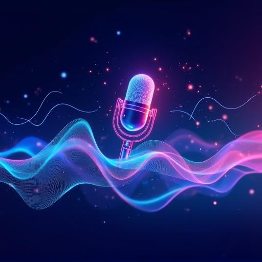 A modern abstract illustration showcasing AI audio and voice technologies. Features dynamic sound waves, glowing microphone shapes, and digital particles in a futuristic color palette. Designed in minimalistic 2D style, suitable for tech websites.