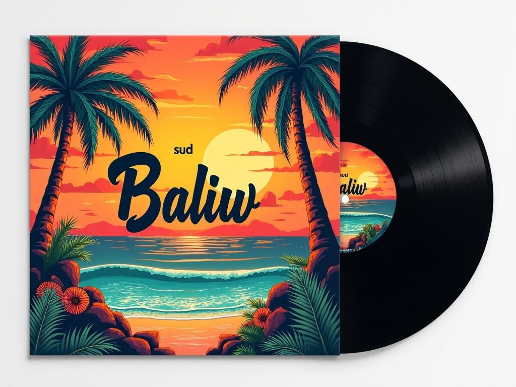 This image depicts a vibrant vinyl record cover titled 'Baliw' by SUD. The design features a stunning sunset over the ocean, with tropical palm trees on either side. The colors are vivid, showcasing warm oranges and cool blues. The title 'Baliw' is prominently displayed in a stylish font at the center of the cover. This artwork evokes feelings of summer relaxation, tropical vacations, and musical memories.