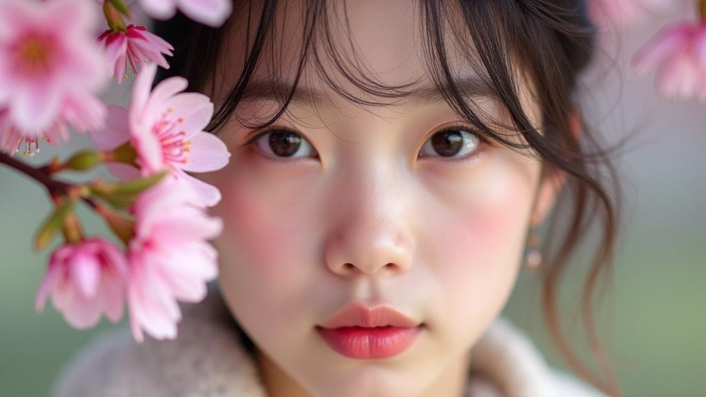 Beautiful white skin Asian girl with left face covered by sakura. The scene captures the essence of spring and nature with flowers in focus. Close-up side view highlighting beauty and softness.