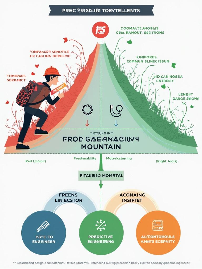 Infographic illustrating a journey of an engineer climbing Observability Mountain representing different stages of system maturity. The left side shows chaotic systems while the right side showcases streamlined architecture. Stages include firefighting mode, basic monitoring, proactive insights, predictive engineering, and autonomous systems, depicted with icons. Color gradient transitions from red to green to symbolize growth. The design incorporates connecting arrows and milestone flags. Engineer carries a backpack symbolizing tools and skills. Bright and clean design aesthetics providing clarity and engagement.