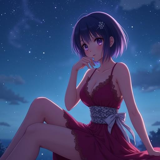Medium shot of a Hitagi Senjogahara-inspired anime lady. She has short dark violet hair with a silver clip. Her purple eyes and fair skin are highlighted. She wears a flowing red-violet dress with lace and satin, cinched with a silver ribbon obi. She sits outdoors at night under a starry sky, legs crossed in a seductive pose, hand on chin, looking confidently at the viewer.
