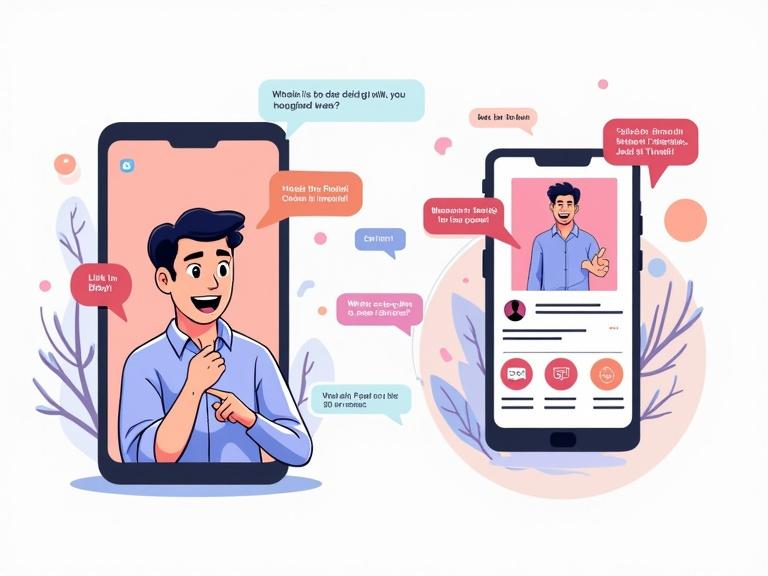 Digital illustration features split-screen. TikTok video shows a creator pointing at their phone. Text overlays read 'Link in Bio!' and 'Get It Now!'. Right side displays a mobile-optimized landing page with links to digital products. Arrows symbolize traffic from video to landing page. Speech bubbles showcase comments about purchasing and engagement.