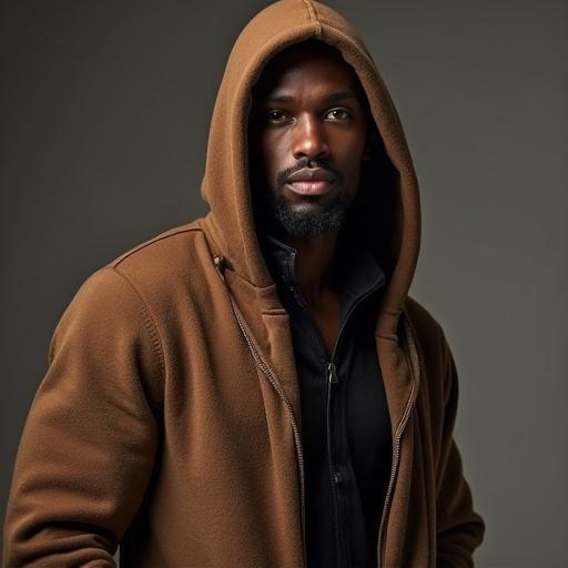 Handsome light skin African man dressed in a luxurious hoodie. Image focuses on a stylish man with soft lighting. Visible shadows add depth to the photograph.