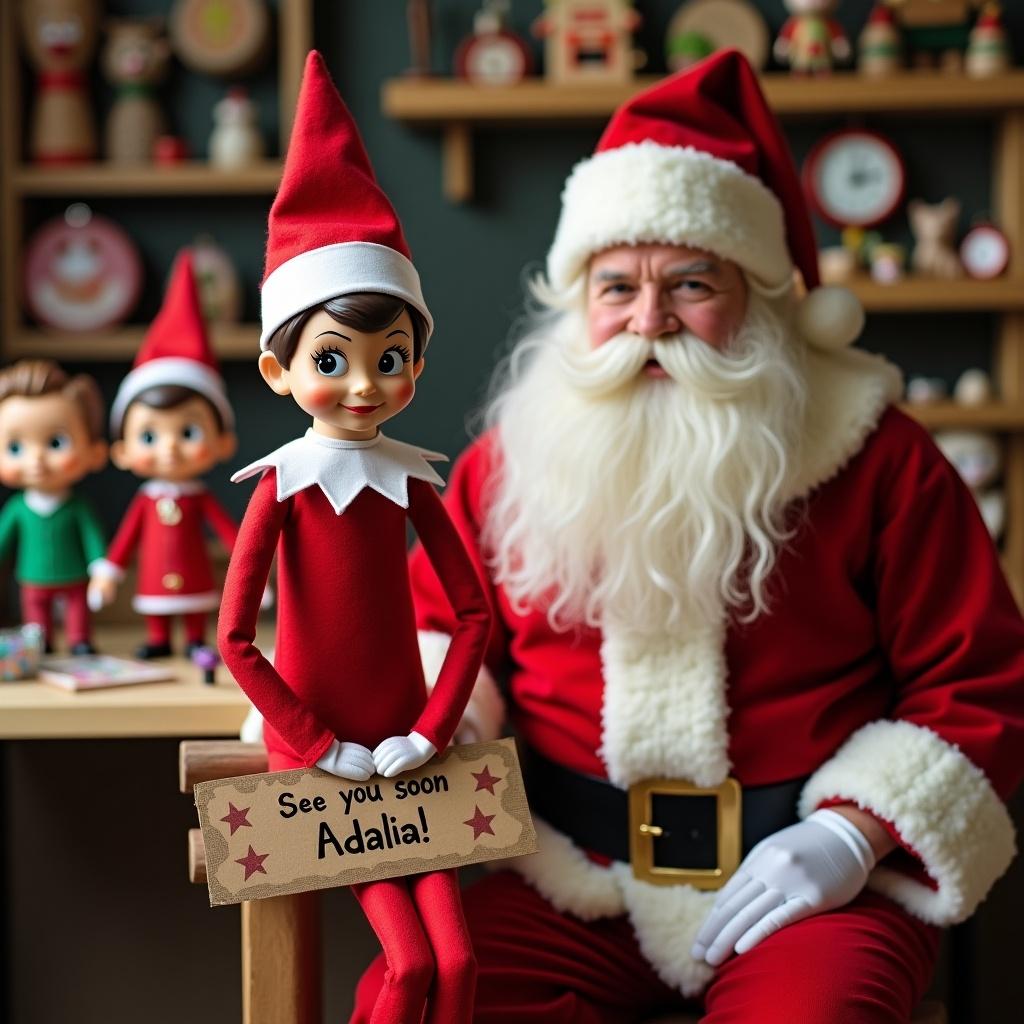 An elf in a red outfit with white trim and collar is sitting next to Santa in a toy workshop. The elf holds a sign that says ‘See you soon Adalia!’ Funko Pops are being made in the background.