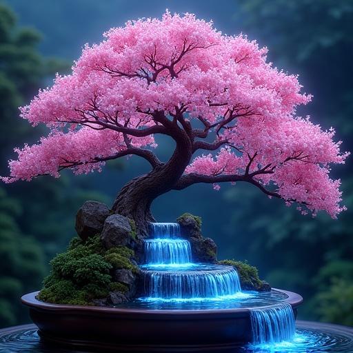 Cherry blossom bonsai tree with bioluminescent waterfalls in a serene Japanese garden at night. Detailed artistry inspired by popular fantasy artists. Vivid colors enhance the tranquil atmosphere.