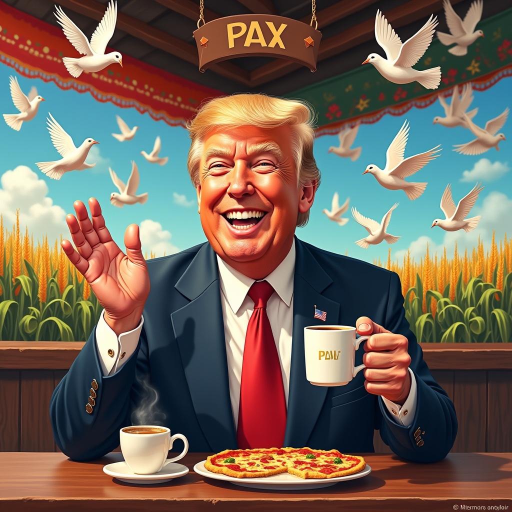 A colorful digital painting of a man in a rustic Mexican café. He is smiling with mouth full. He holds coffee in one hand and pizza in the other. He gestures to stop war. Doves are flying around carrying 'PEACE' banners. The background has cornfields and vibrant Mexican colors.