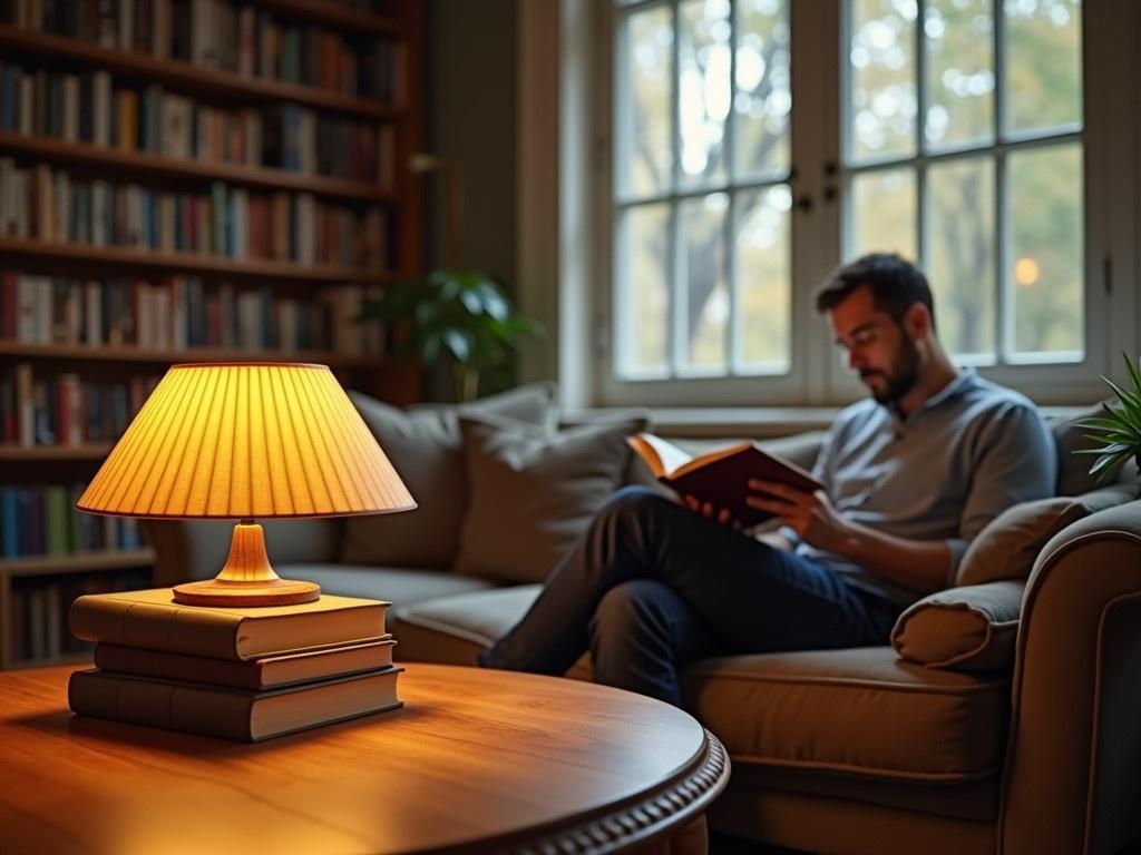 The image depicts a cozy reading nook in a spacious room. In the foreground, there is a lamp designed to look like a stack of books, with light emanating warmly from it. The lamp sits on a wooden table that complements the overall aesthetic of the room. In the background, a man is seated comfortably on a plush sofa, engrossed in reading a book. Shelves filled with books line the wall, creating a serene literary atmosphere. The natural light from the large windows enhances the inviting ambiance.