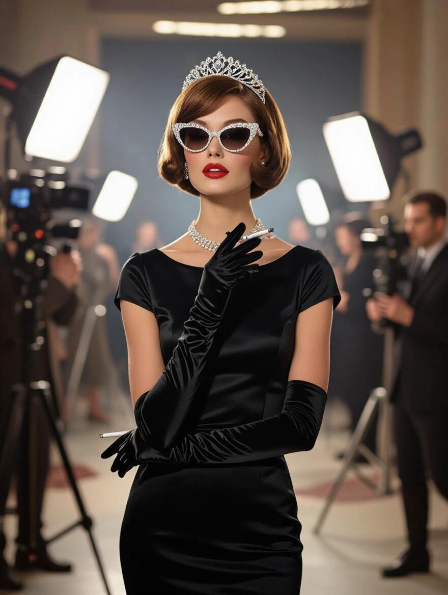 A captivating portrait of a woman from the 1960s with vintage short hairstyle. Adorned with diamond tiara and cat-eye sunglasses. Holds a cigarette. Expression is enigmatic and alluring. Wears a mod mini-dress, elbow-length gloves, and knee-high boots. Setting is a bustling film set with bright lights and cameras. Style reminiscent of David Bailey's fashion photography.