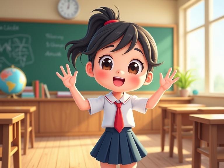Vibrant cartoon-style illustration of a young Asian girl. She wears a neatly pressed school uniform with a white blouse, navy pleated skirt, and red tie. She is giving a speech with hand gestures and body language in a bright classroom. The background features a wooden desk with a globe, a clean chalkboard, and sunlight streaming in through tall windows. The girl has a tidy ponytail, large expressive eyes, and a cheerful confident demeanor. The art style is vivid with bold outlines and a warm color palette. Lighting creates an uplifting mood with subtle shadows.