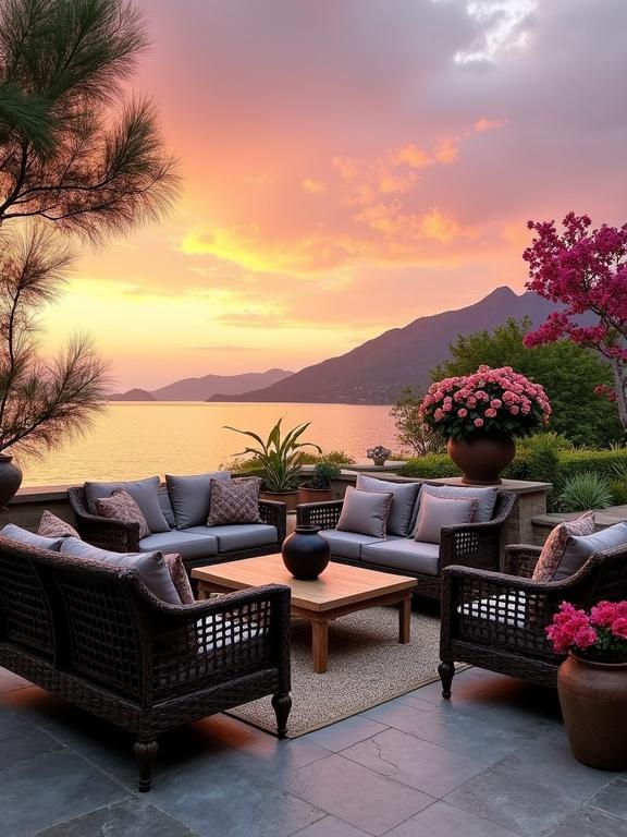 Image features a luxurious lakeside patio during sunset. Stylish outdoor furniture arranged on stone tiles. Floral decor adds vibrant colors. Scenic view includes lake and mountains under a colorful sky.