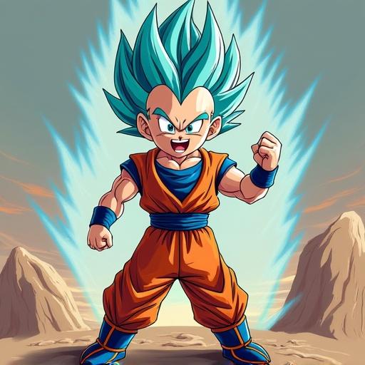 Character in Dragon Ball Super style. Blue spiky hair. Orange and blue outfit. Energetic pose with a strong expression.