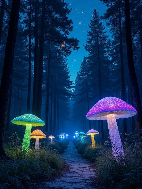 A nighttime trail illuminated by enormous bioluminescent mushrooms. Their blue, green, and violet glows create a dreamlike path through the forest. Glowing-eyed night creatures watch from the shadows. Trees are decorated with dew-covered cobwebs that reflect the light. The sky displays unfamiliar constellations.