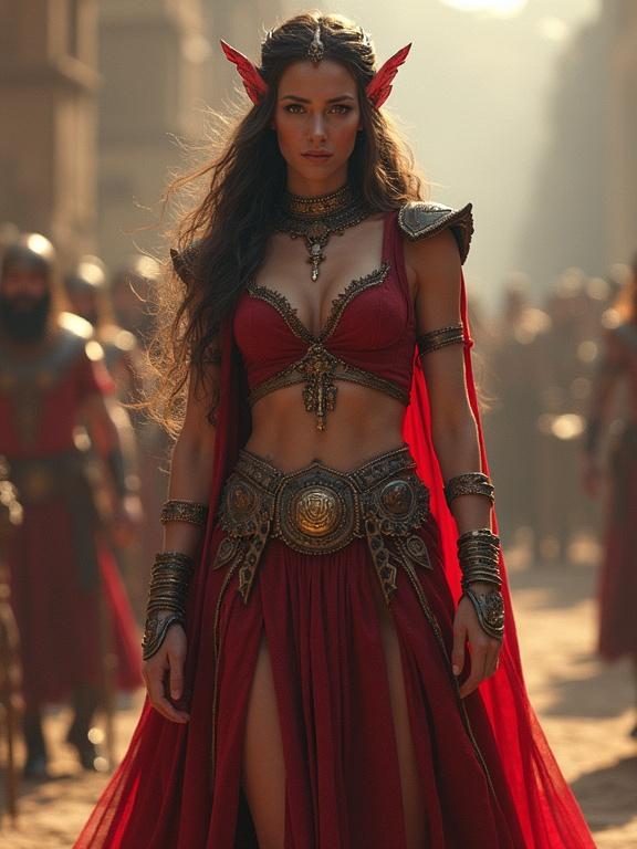 Full-body depiction of a female character modeled as Lady Godiva in a Spartacus-inspired outfit. The character has elaborate armor and vibrant red fabrics. Captured in a fantasy setting with contrasting light.