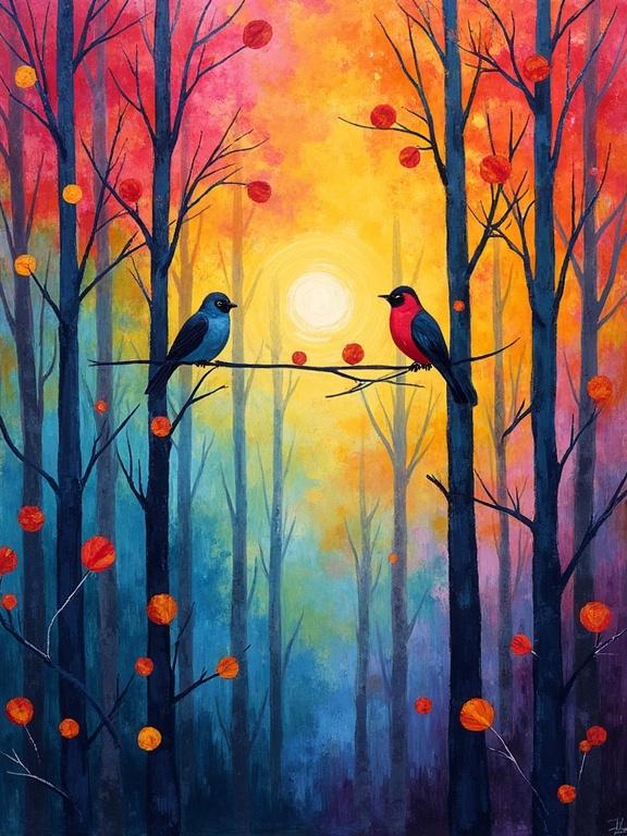 Birds perched in a vivid forest. Decorative Fauvist landscape. Gouache on board with dry layering. Joyful atmosphere. Rhythmic and dreamlike composition. Vertical trees with stylized curves. Birds evenly spaced on the branch.