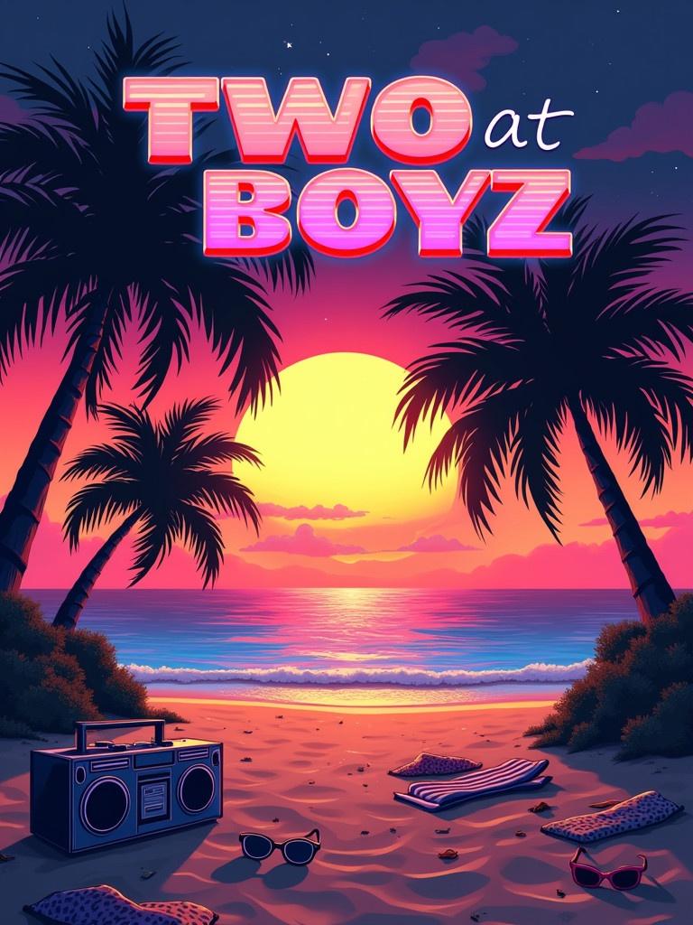 Illustrated movie poster with vibrant neon colors and retro aesthetics. Title displays bold, glowing 80s font. Background shows tropical beach at sunset with palm trees. Scattered objects like sunglasses and boombox on textured sand. Space for credits at the bottom. Glowing lens flares and geometric shapes added.