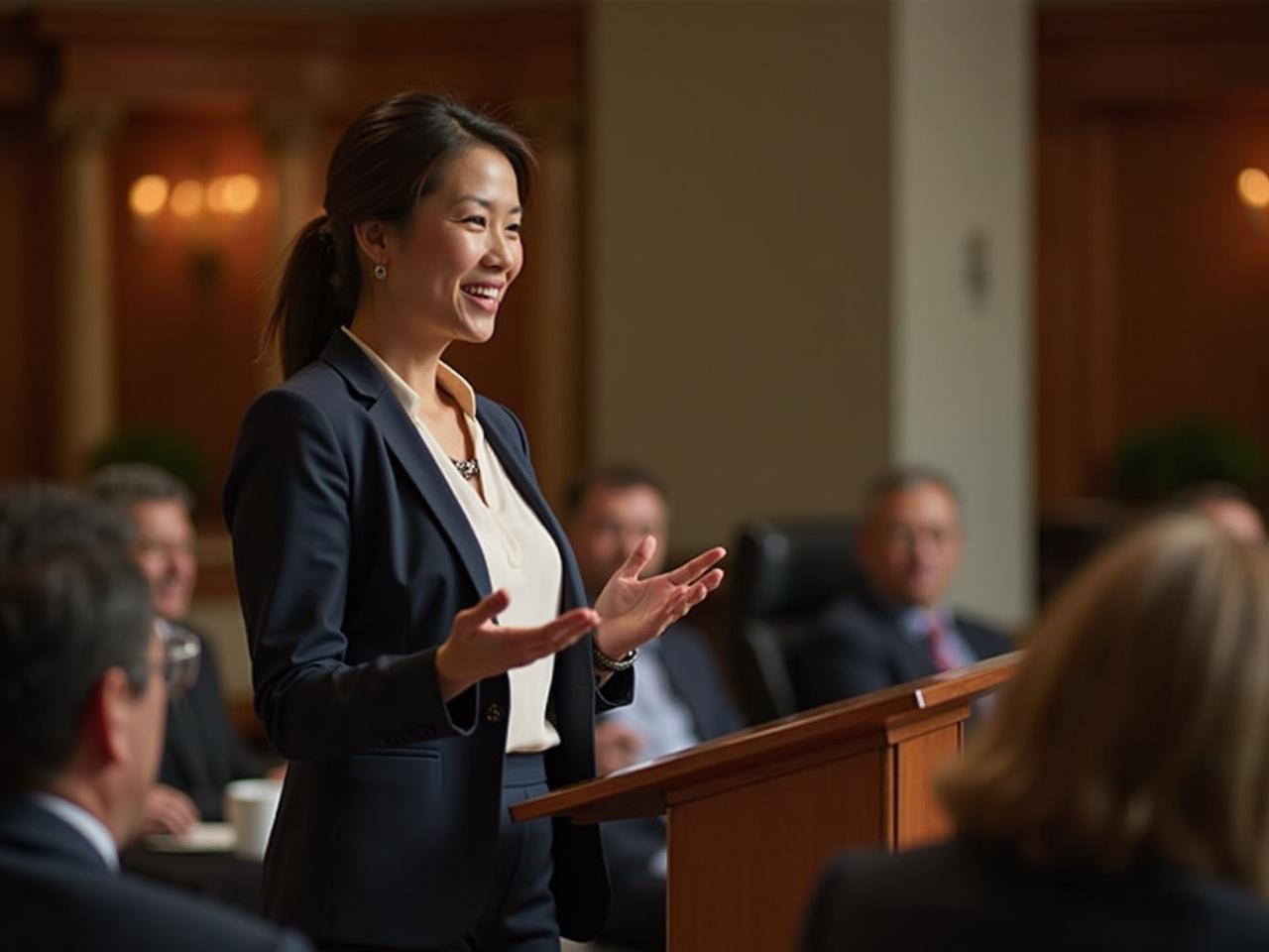 A professional speaker stands at a podium, engaging the audience with a confident posture. She wears a simple blouse without any logos, complemented by a stylish blazer that adds sophistication to her look. The background features an elegant setting with warm wood tones and soft lighting, enhancing the atmosphere of the presentation. Subtle decorations like plants or tasteful artwork contribute to a refined ambiance. The focus remains on the speaker, highlighting her spoken words and the connection with her audience.