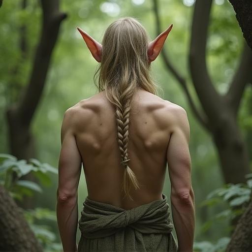 An elf with long hair and pointed ears standing in a forest. The elf is viewed from behind. Natural environment surrounds the figure. Soft light shines through trees. Long braided hair and a simple cloth cover the waist.
