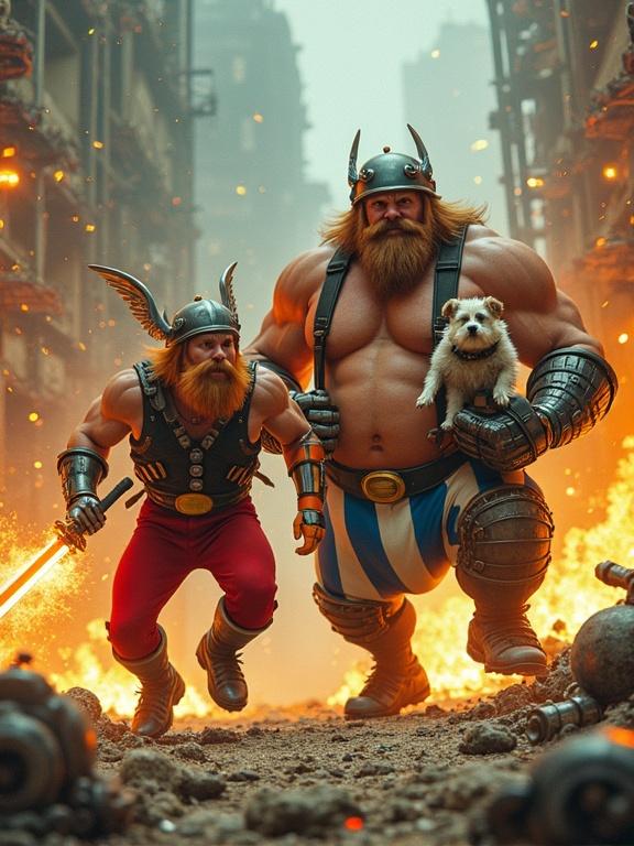 Asterix and Obelix as cyberpunk warriors in a chaotic battlefield. Asterix with a winged helmet and glowing sword dodging explosions. Obelix in blue striped pants hurling a flaming gauntlet while holding his dog. Background filled with ruins and debris, dramatic lighting, sparks flying.