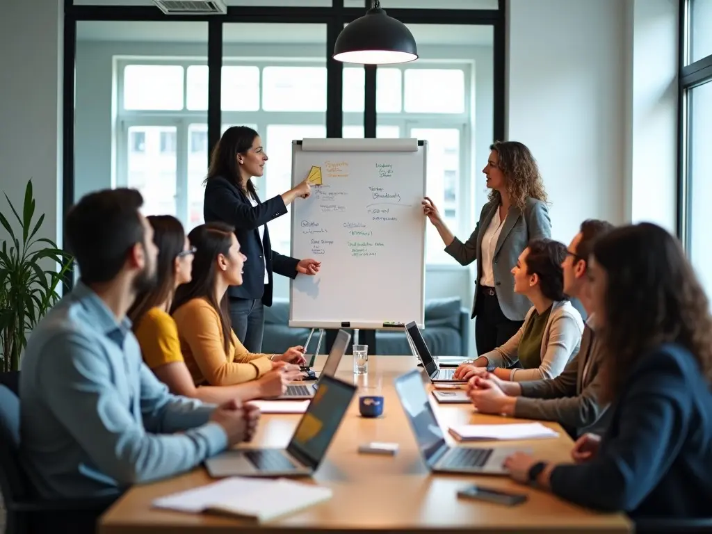 A professional team is engaged in a meeting. They are gathered around a large table, collaborating on ideas. One woman is actively presenting information on a whiteboard while others take notes or work on their laptops. The room is bright and modern, with large windows providing natural light. The atmosphere is focused and productive, showcasing the importance of teamwork in the business setting.