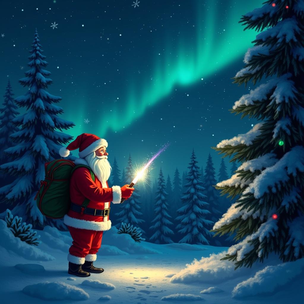 Santa in a North Pole forest writes the name Molly with a glowing wand under a starry night sky and Northern lights.